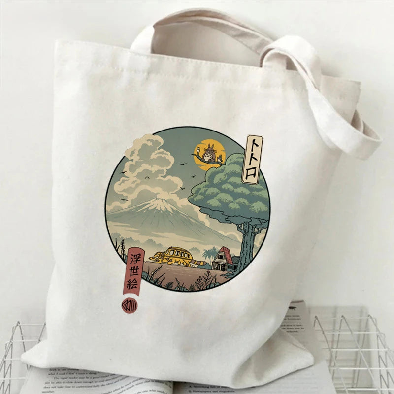 Totoro Studio Ghibli Fashion Print Ladies Shopping Bag Handbag Foldable Reusable Harajuku Style Bag Student Tote Bag Storage Bag