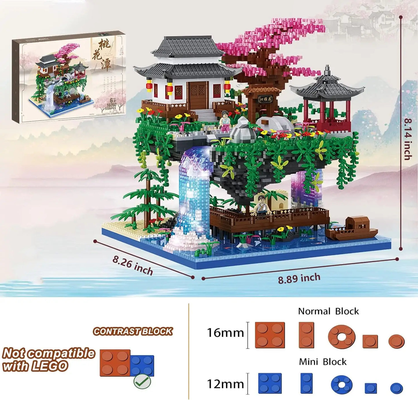 Chinese Architecture Peach Blossom Pond Mini Building Block Set Sakura Bonsai Japanese Sakura House Lantern Gift Toy