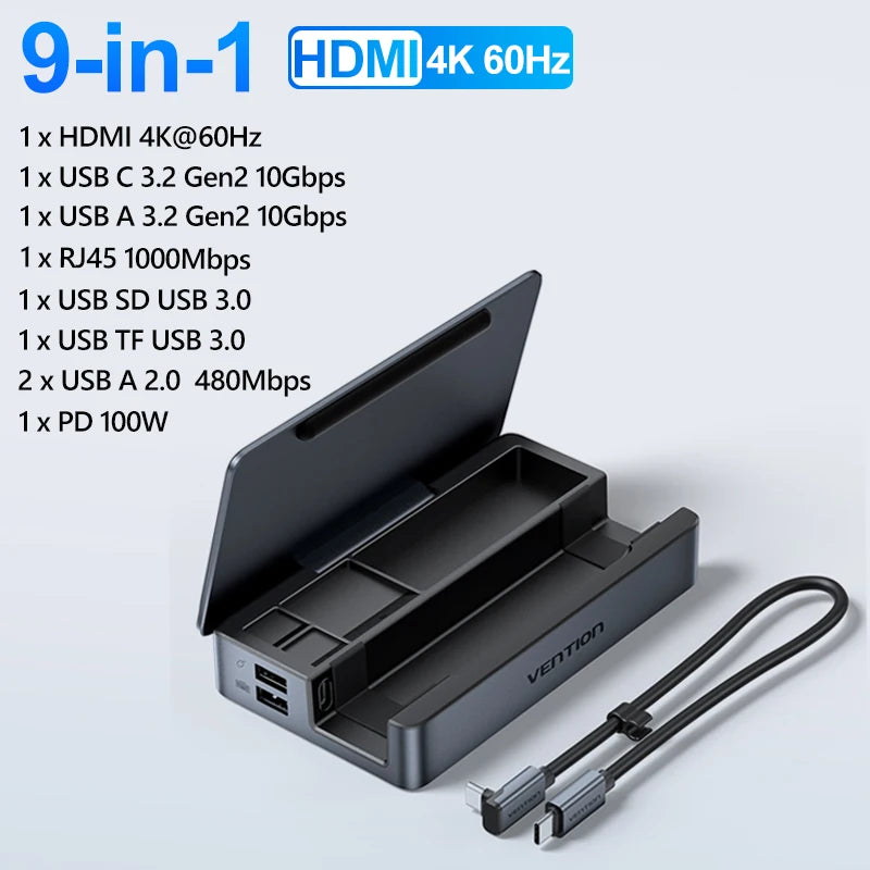 Vention USB C Docking Station for Steam Deck HDMI 4K60Hz USB 3.2 10Gbps RJ45 SD&TF Dock for Switch Asus ROG LEGION Go iPhone HUB