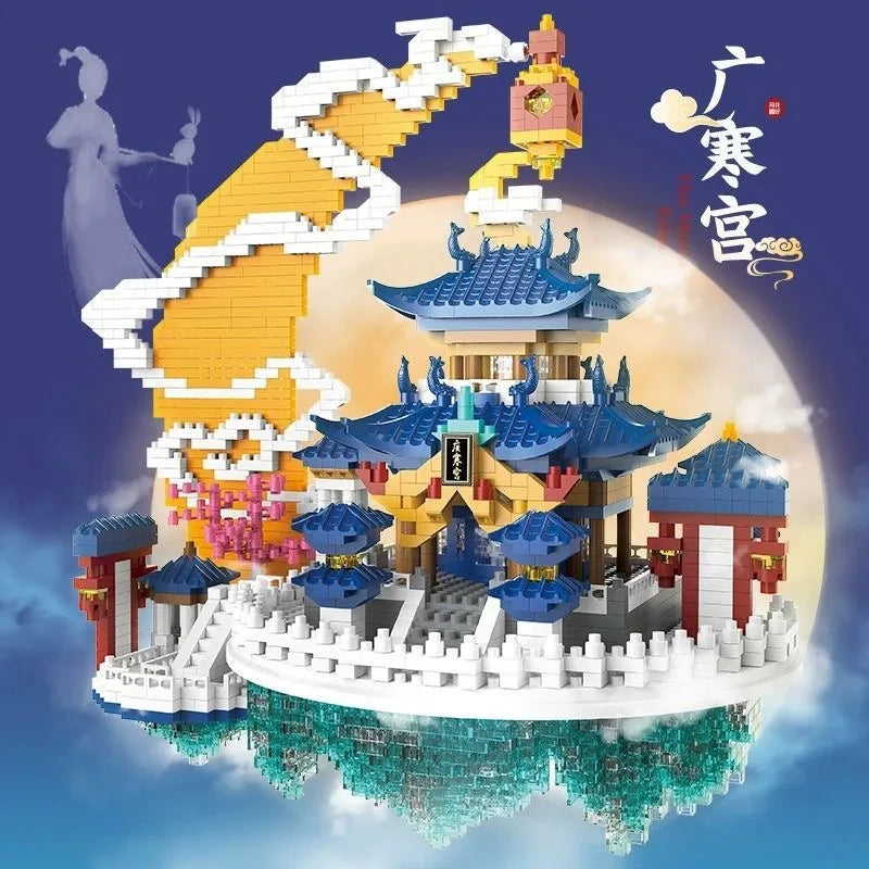 Chinese Architecture Peach Blossom Pond Mini Building Block Set Sakura Bonsai Japanese Sakura House Lantern Gift Toy