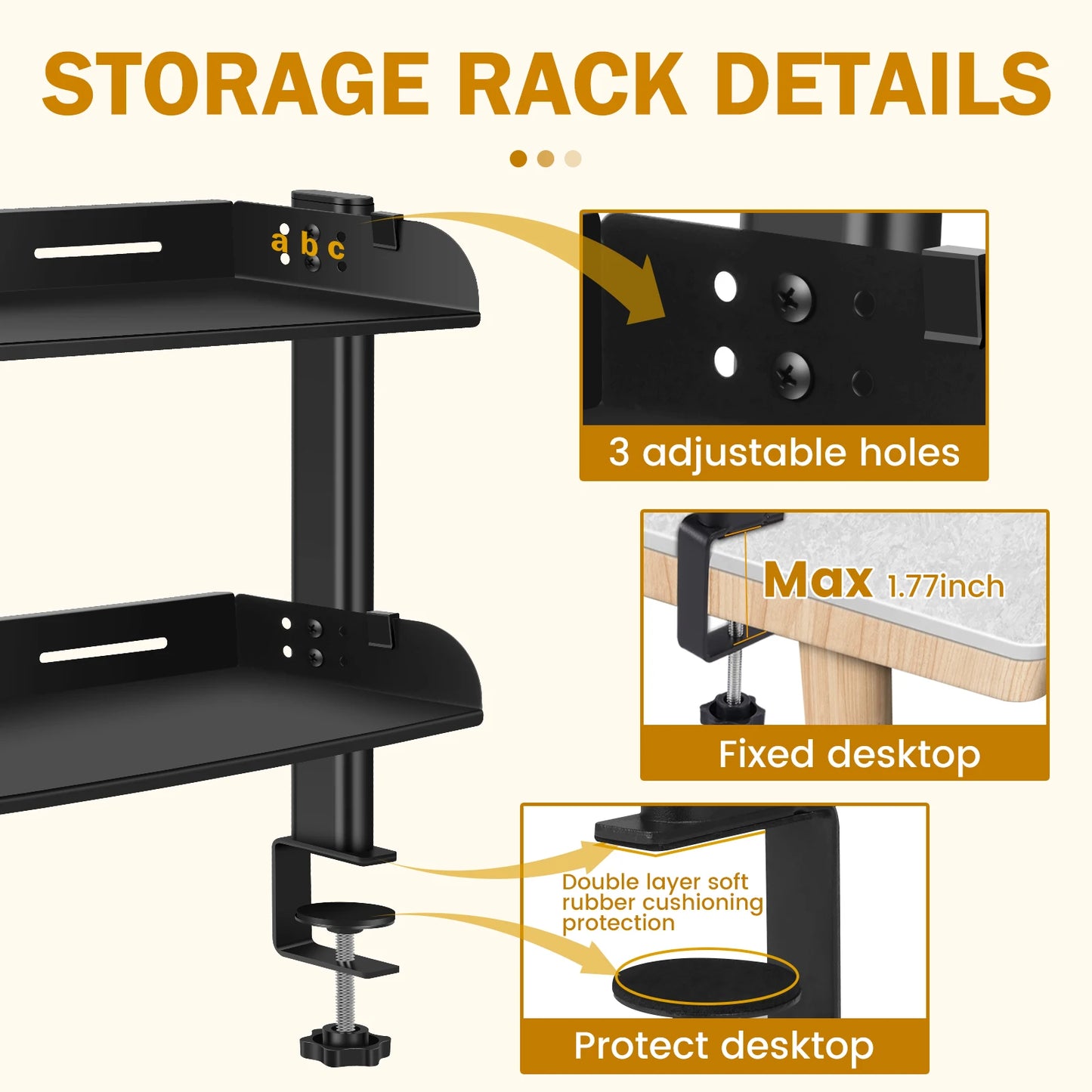 2 Tiers Clamp-on Desk Shelf No Drill Desk Organizer Rack Space Saving Adjustable Metal Computer Desktop Clamp High Load-Bearing