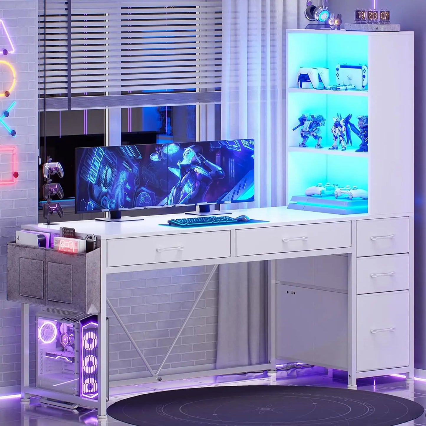 Computer Desk with 5 Drawers and Bookshelf, Reversible Home Office Desk with Storage Shelves and File Drawer, Gaming Corner