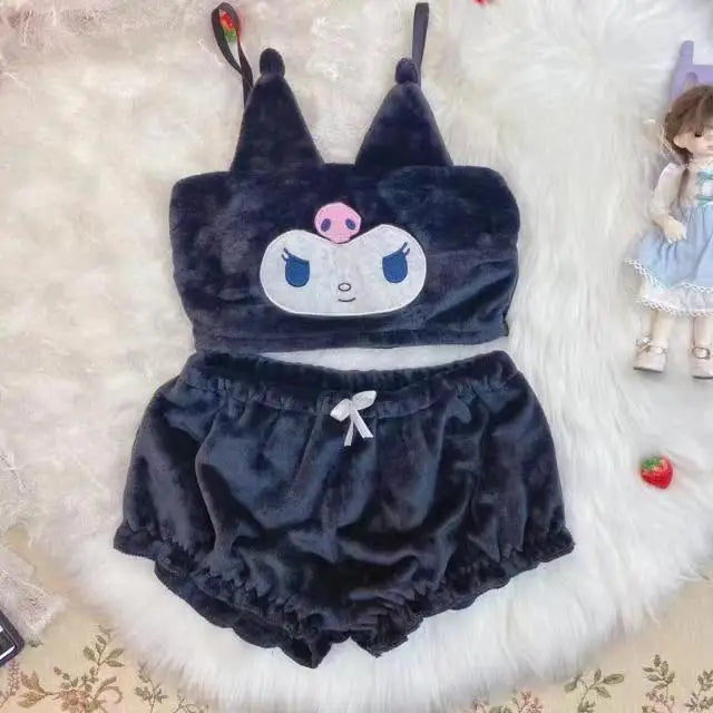Sanrio Kuromi My Melody Cinnamoroll Fluffy Suspender Pajamas – Cozy Flannel Shorts Set for Girls