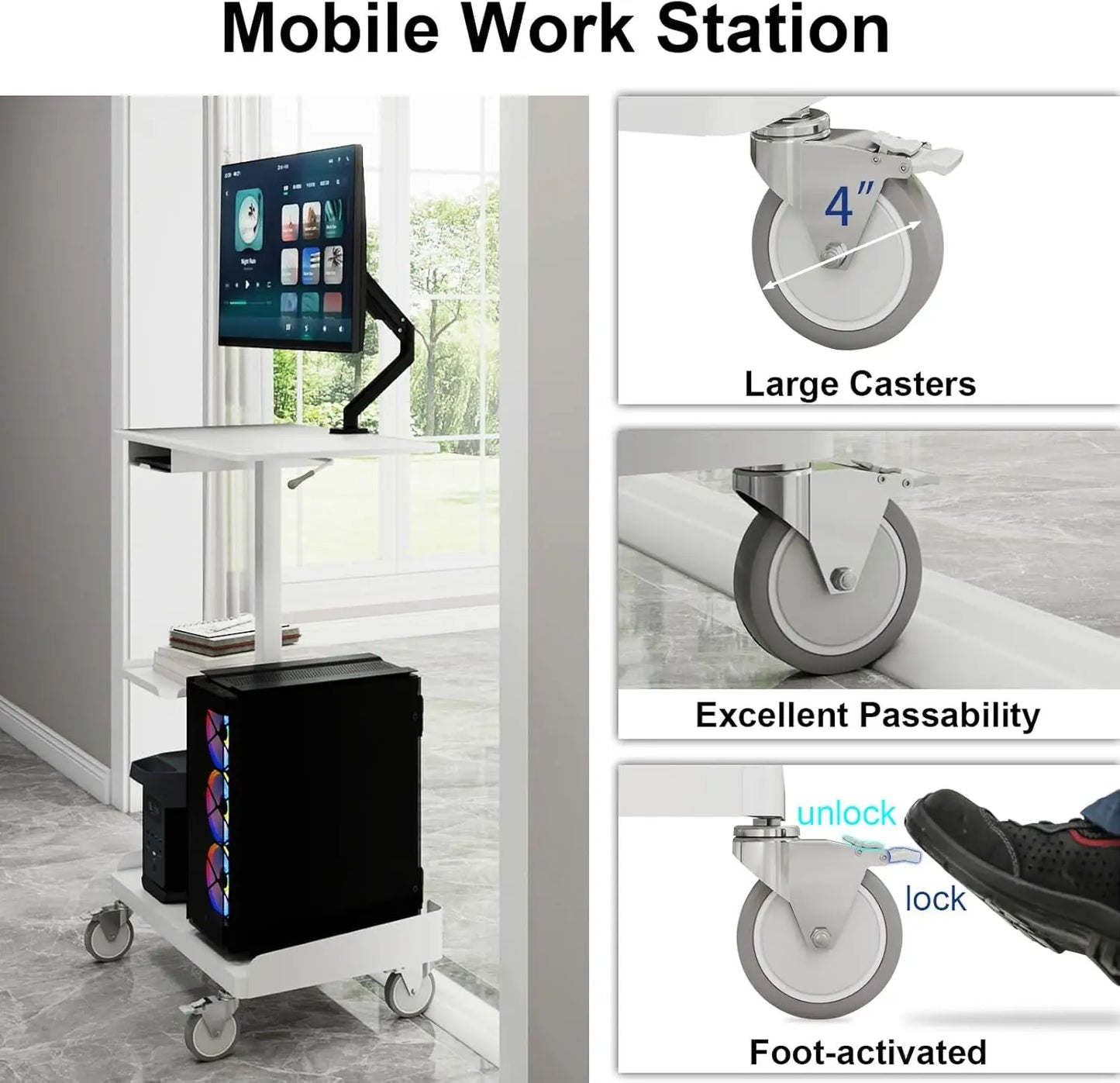 Mobile Workstation Cart with Monitor Mount,Height Adjustable Rolling Computer Cart, Heavy-Duty Rolling Standing Desk