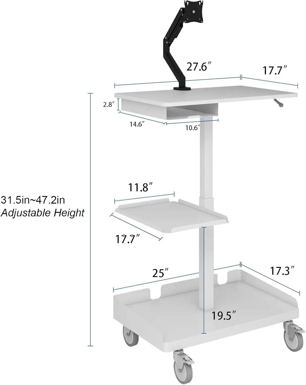 Mobile Workstation Cart with Monitor Mount,Height Adjustable Rolling Computer Cart, Heavy-Duty Rolling Standing Desk