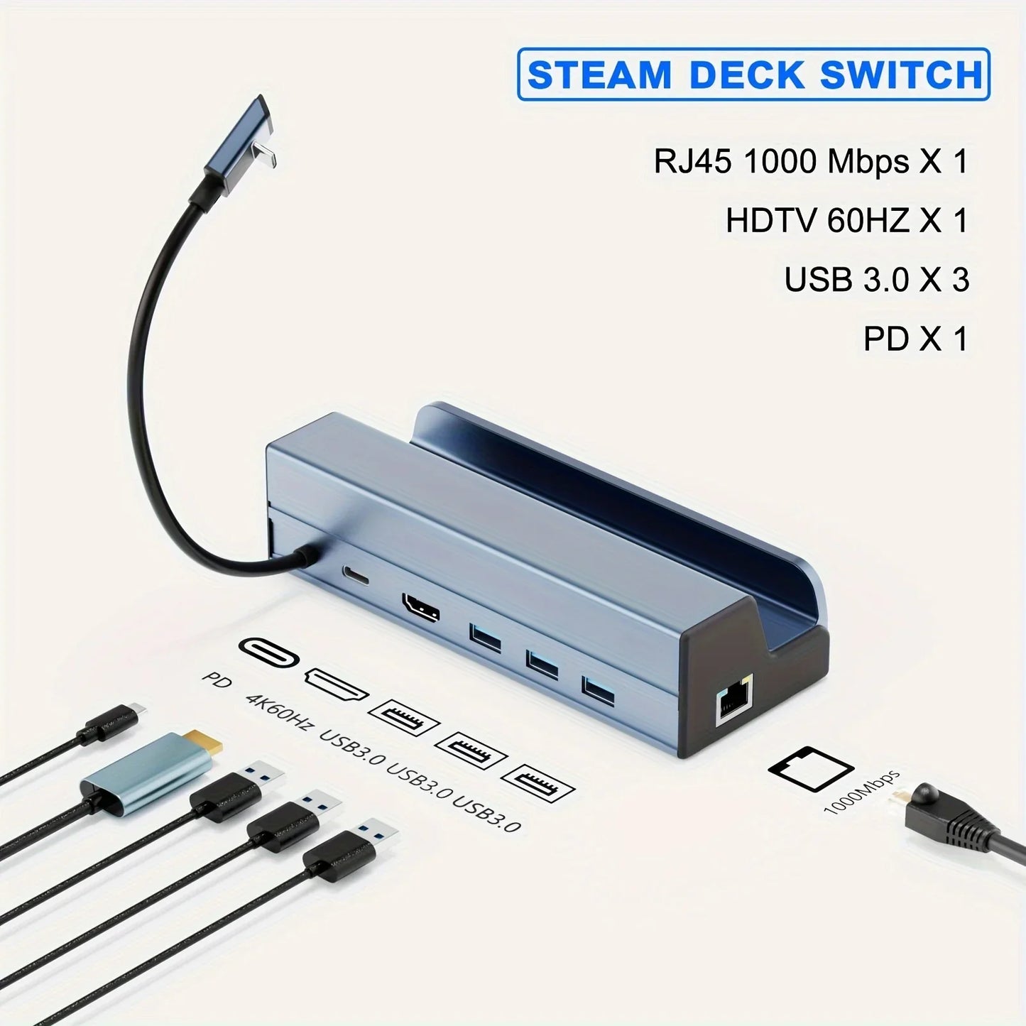 Steam Deck Dock 6 in 1 Steam Deck Rog Ally Docking Station Stand 3*USB 3.0 HDTV 4K@60Hz Gigabit Ethernet PD 100W Hub