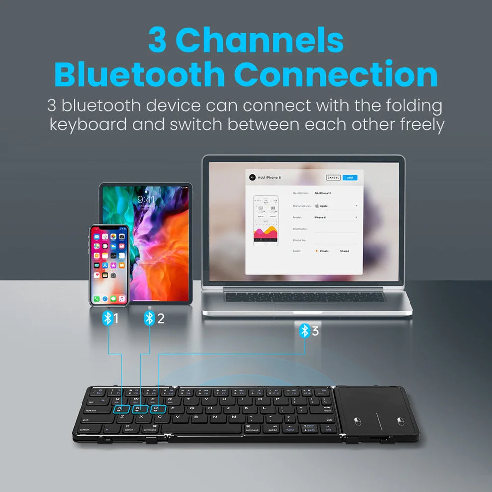 Folding Bluetooth Keyboard with Touchpad Wireless Foldable Keyboard with PU Leather for iOS Android Windows,Support 3 Devices
