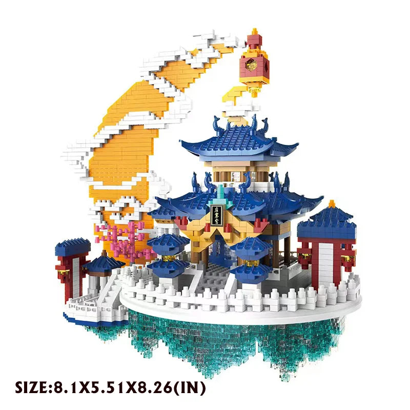 Chinese Architecture Peach Blossom Pond Mini Building Block Set Sakura Bonsai Japanese Sakura House Lantern Gift Toy