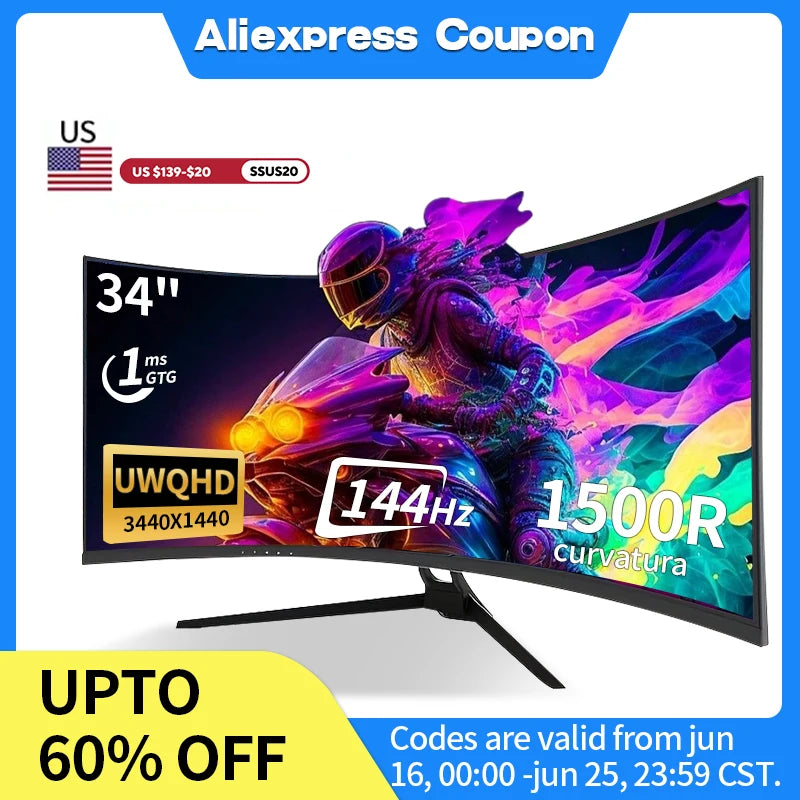 Gawfolk Monitor 34'' 144Hz Bandfish Screen Curved 1500R Gaming Bezel-less Slim 400HDR Nits 100% SRGB Wide Color Gamut FAsT VA Te