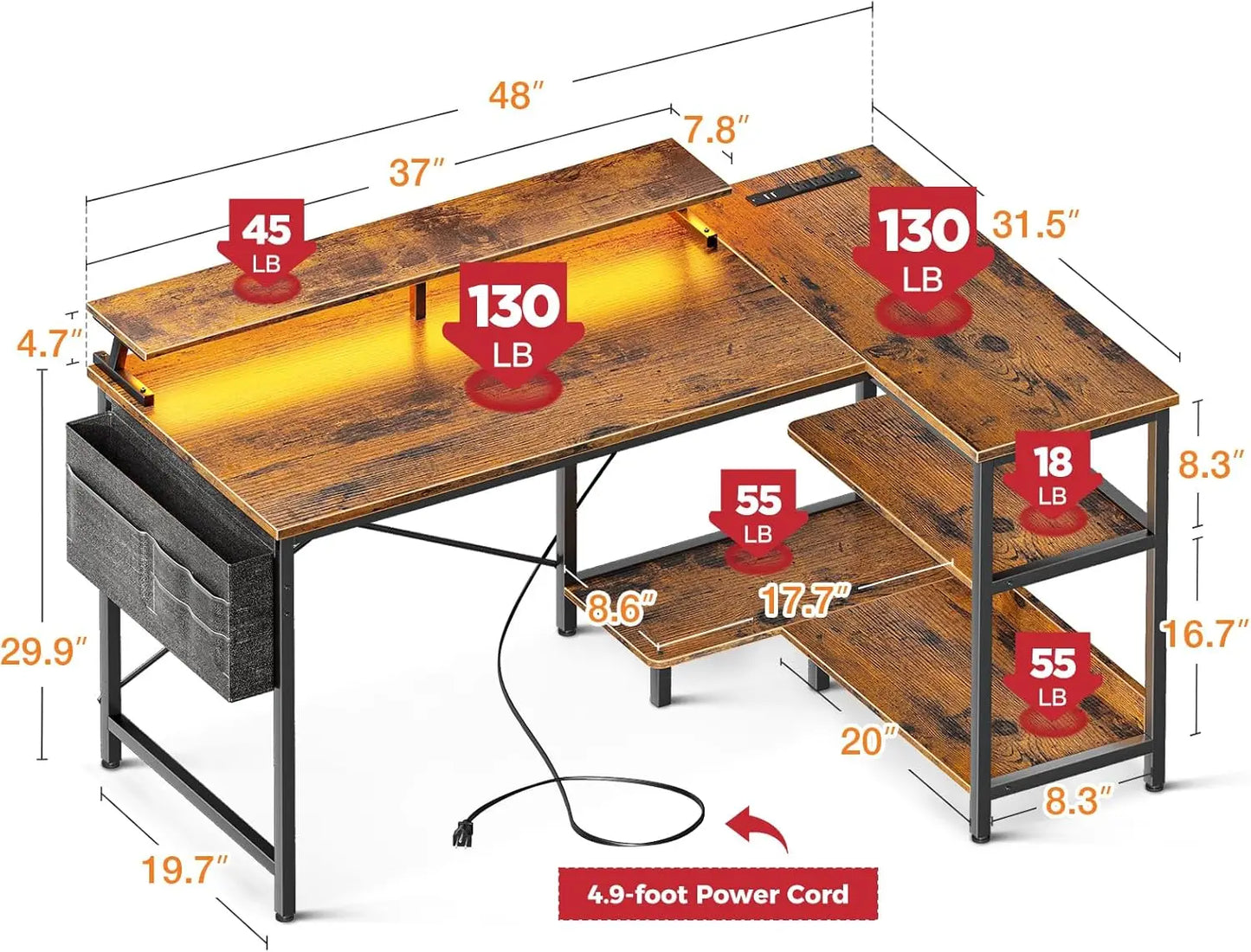 48 Inch Gaming Desk with USB Charging Ports and LED Lights,Reversible L Shaped Computer Desk with Storage Shelves Monitor Stand