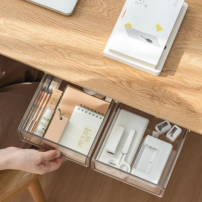 Clear Under Desk Hidden Drawer Office Storage Box Organizer Drawer Desk Supplies Holder Rack Memo Pen Stationery Storage Tray