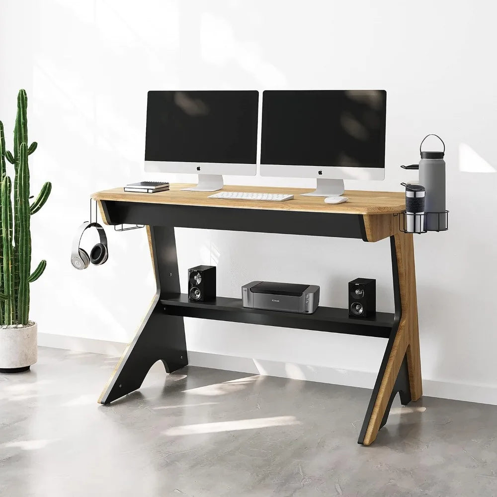 Home Office Computer Writing Desk Workstation with Two Cupholders and a Headphone Hook-Pine, 50" W x 22.5" D x 29.5" H