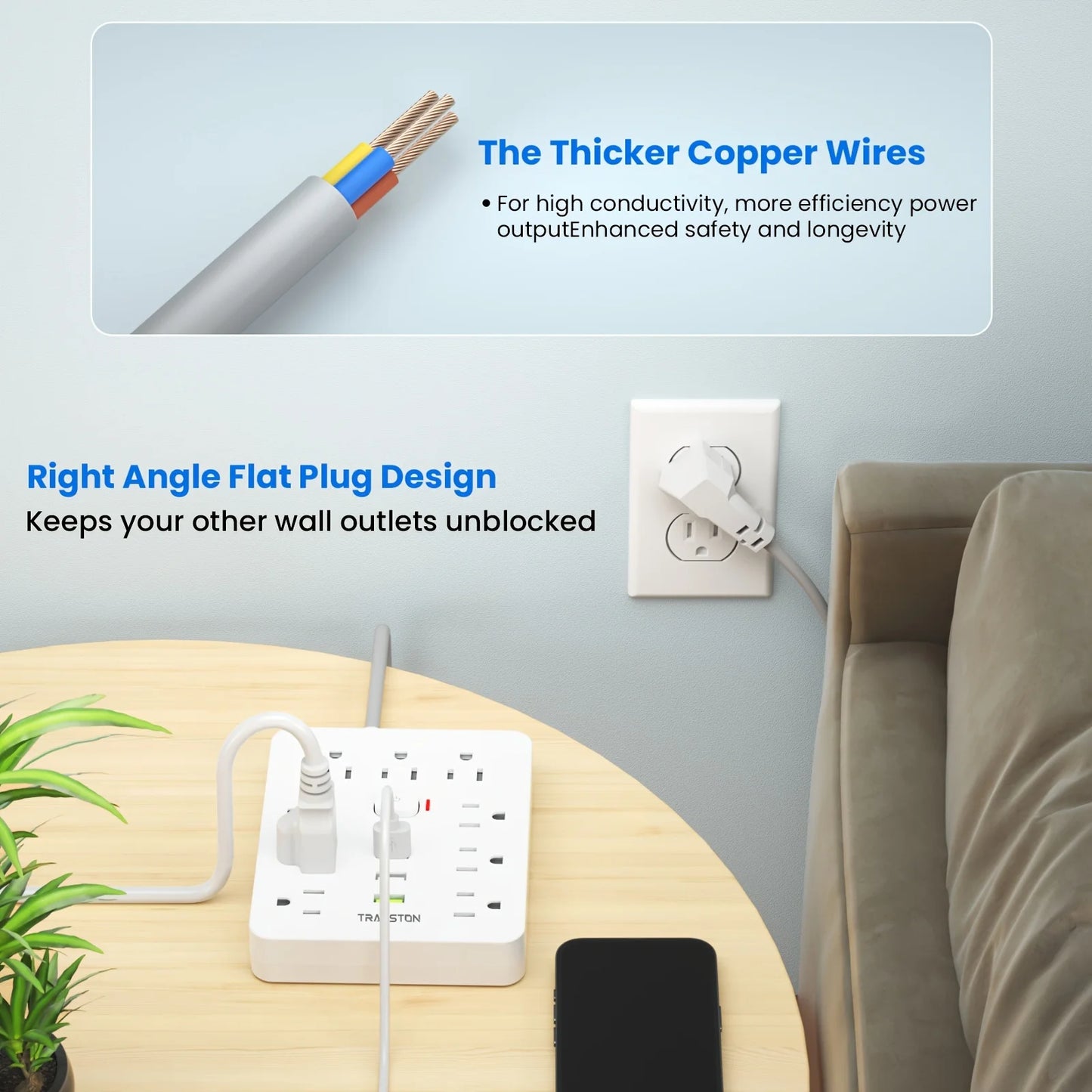 power strip Power Outlet with Surge Protector, 9 ac, 3 USB Ports, 5-Foot Extension Cord, Quick Charge, for Home and Office