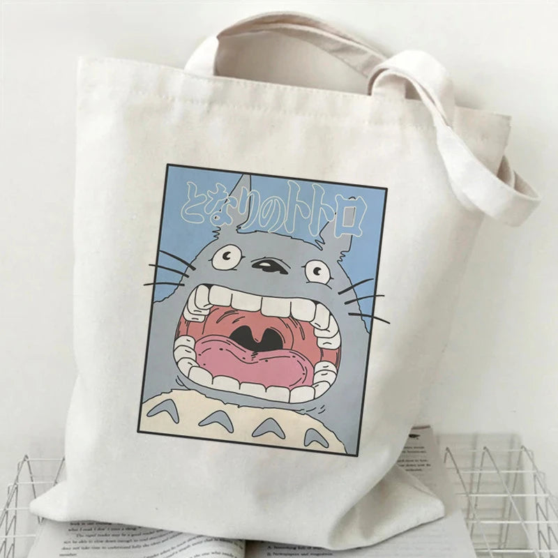 Totoro Studio Ghibli Fashion Print Ladies Shopping Bag Handbag Foldable Reusable Harajuku Style Bag Student Tote Bag Storage Bag