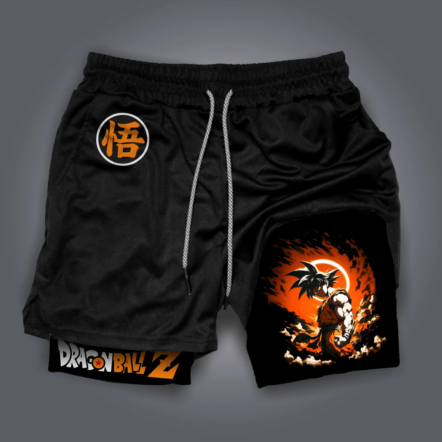 Dragon Ball Z Training Shorts Classic Goku Battle Pose Right Side Logo Text Adjustable Drawstring Waist Gym Wear