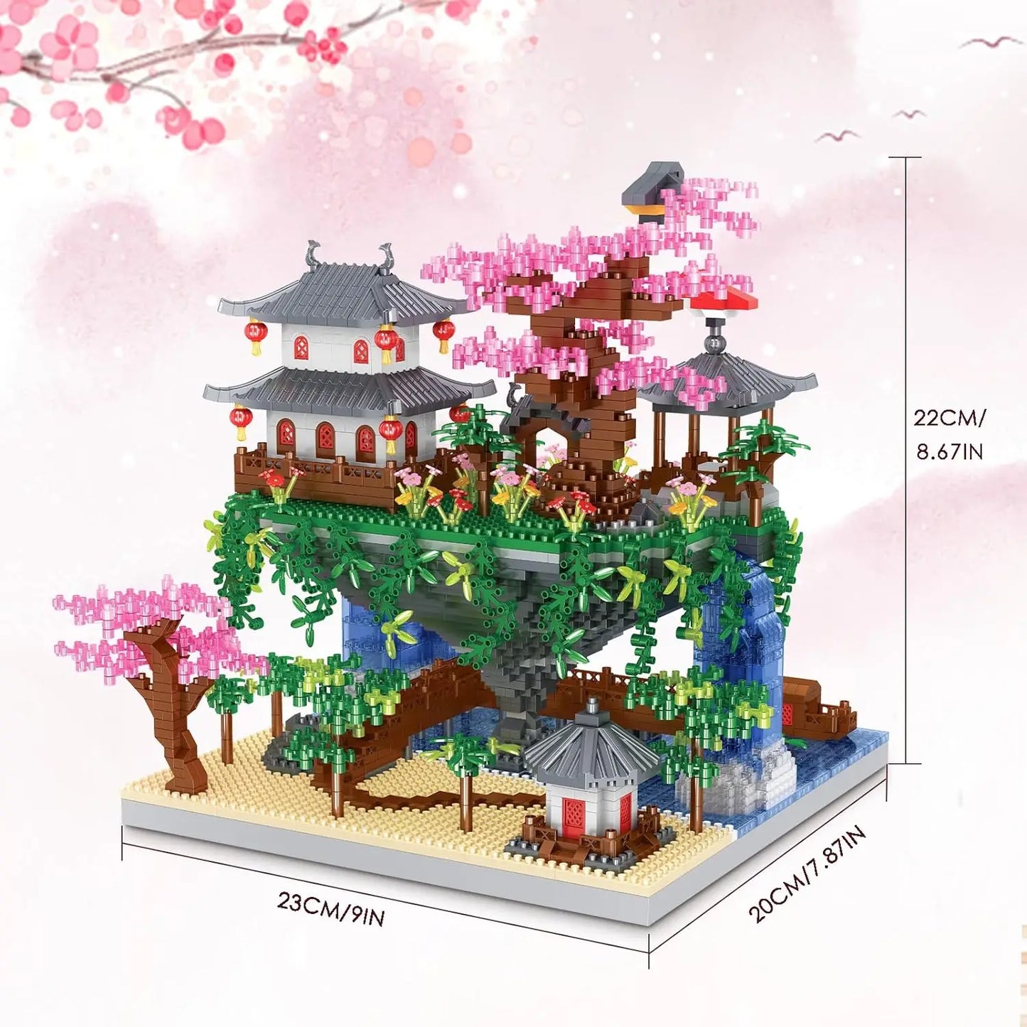 Chinese Architecture Peach Blossom Pond Mini Building Block Set Sakura Bonsai Japanese Sakura House Lantern Gift Toy