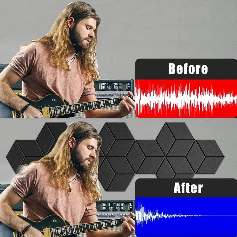 12 Pack HexagonalSelf-adhesive Acoustic Panels Sound Proof Foam Panels Y-Lined Design to Absorb Noise Eliminate Echoes Black