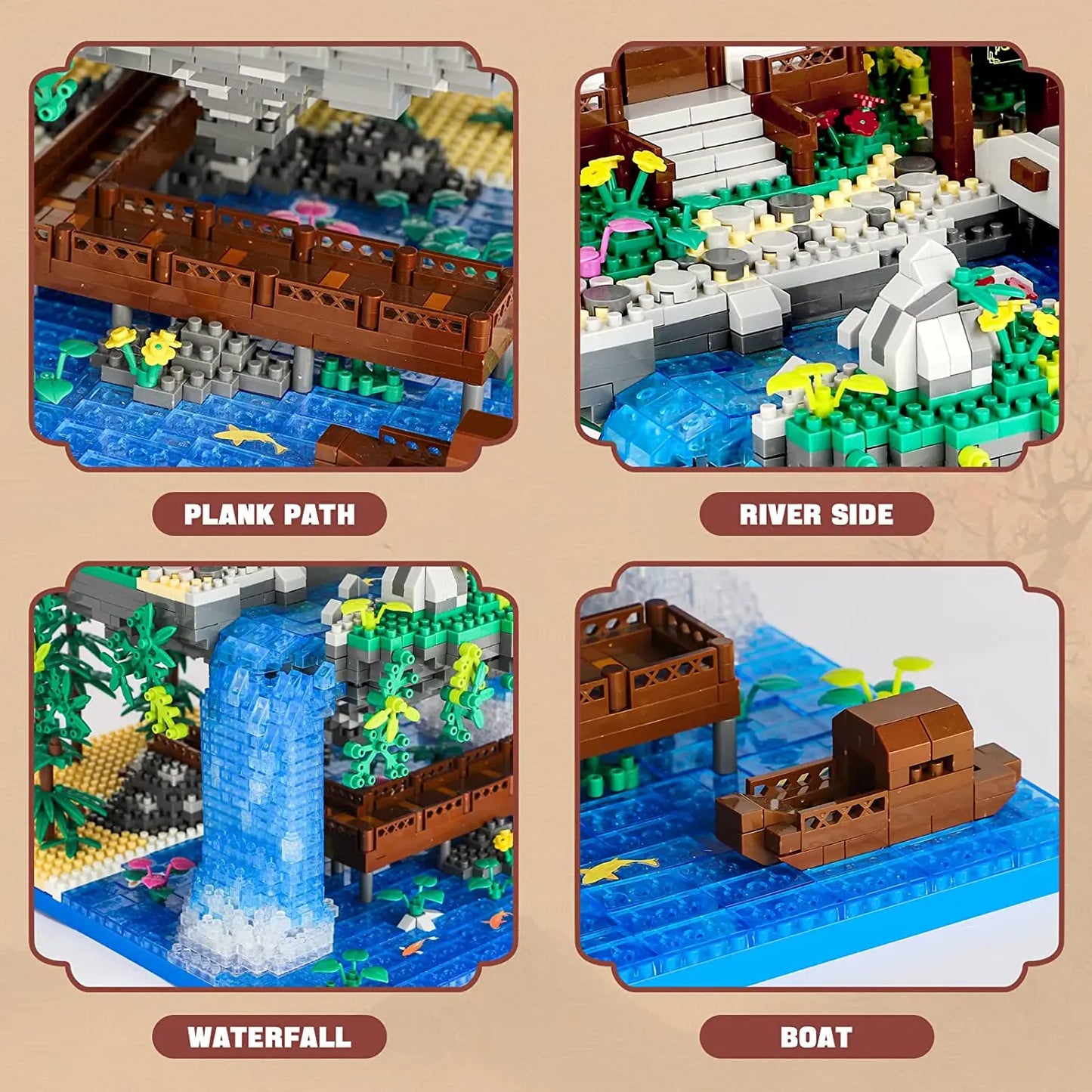 Chinese Architecture Peach Blossom Pond Mini Building Block Set Sakura Bonsai Japanese Sakura House Lantern Gift Toy
