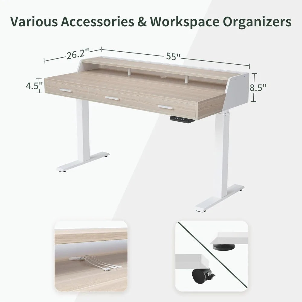 Electric Standing Desk with Drawers, 55x26 Inch Adjustable Height, Stand Up Desk with Monitor Shelf, Sit Stand Home Office Desk