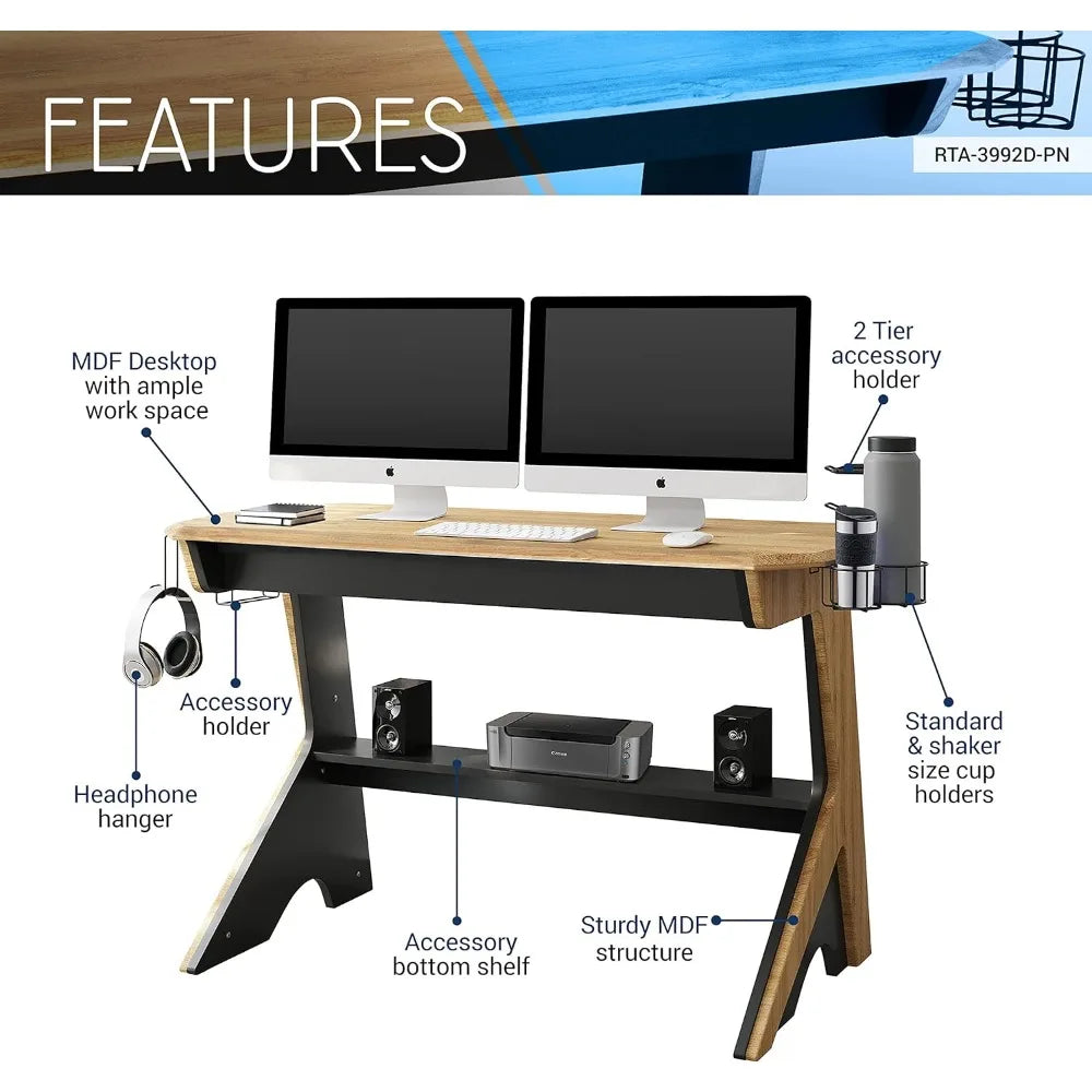 Home Office Computer Writing Desk Workstation with Two Cupholders and a Headphone Hook-Pine, 50" W x 22.5" D x 29.5" H