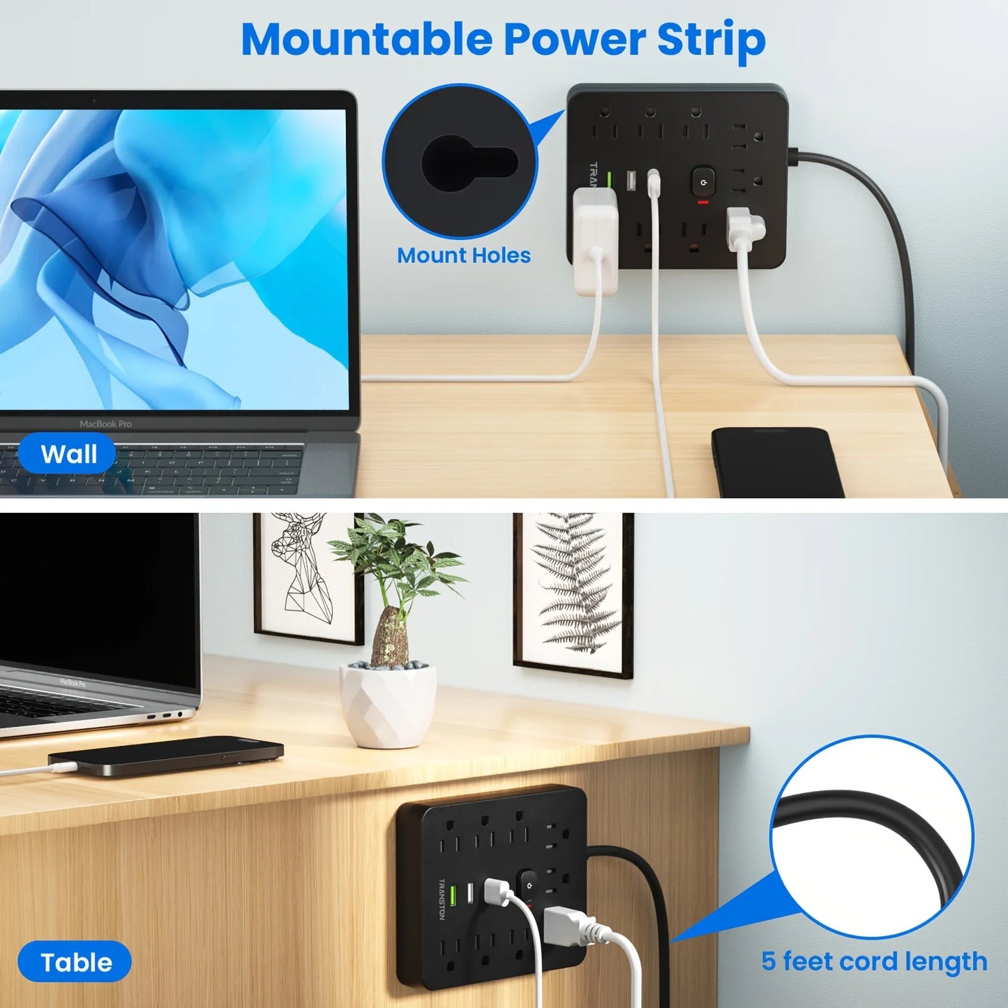 power strip Power Outlet with Surge Protector, 9 ac, 3 USB Ports, 5-Foot Extension Cord, Quick Charge, for Home and Office