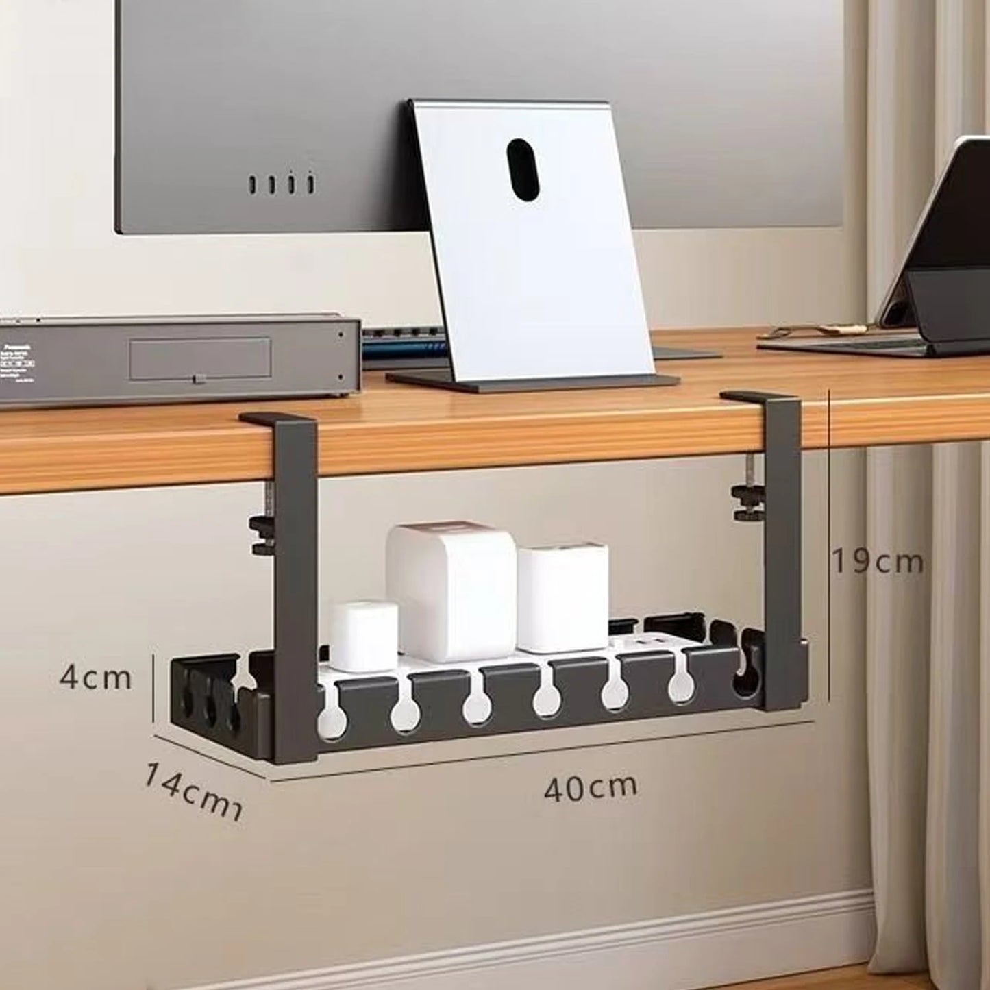 Under Desk Cable Management Tray No Drill Iron Power Strip Holder Wire Cord Organizer Clamp Mount for Home Office Desk