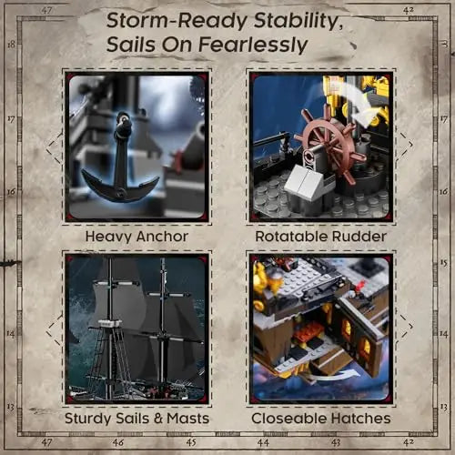 1424PCS Black Pirate Ship Building Blocks Skeleton Ghost Boat Model Desktop Decoration Educational DIY Toy Holiday Gift for Kids