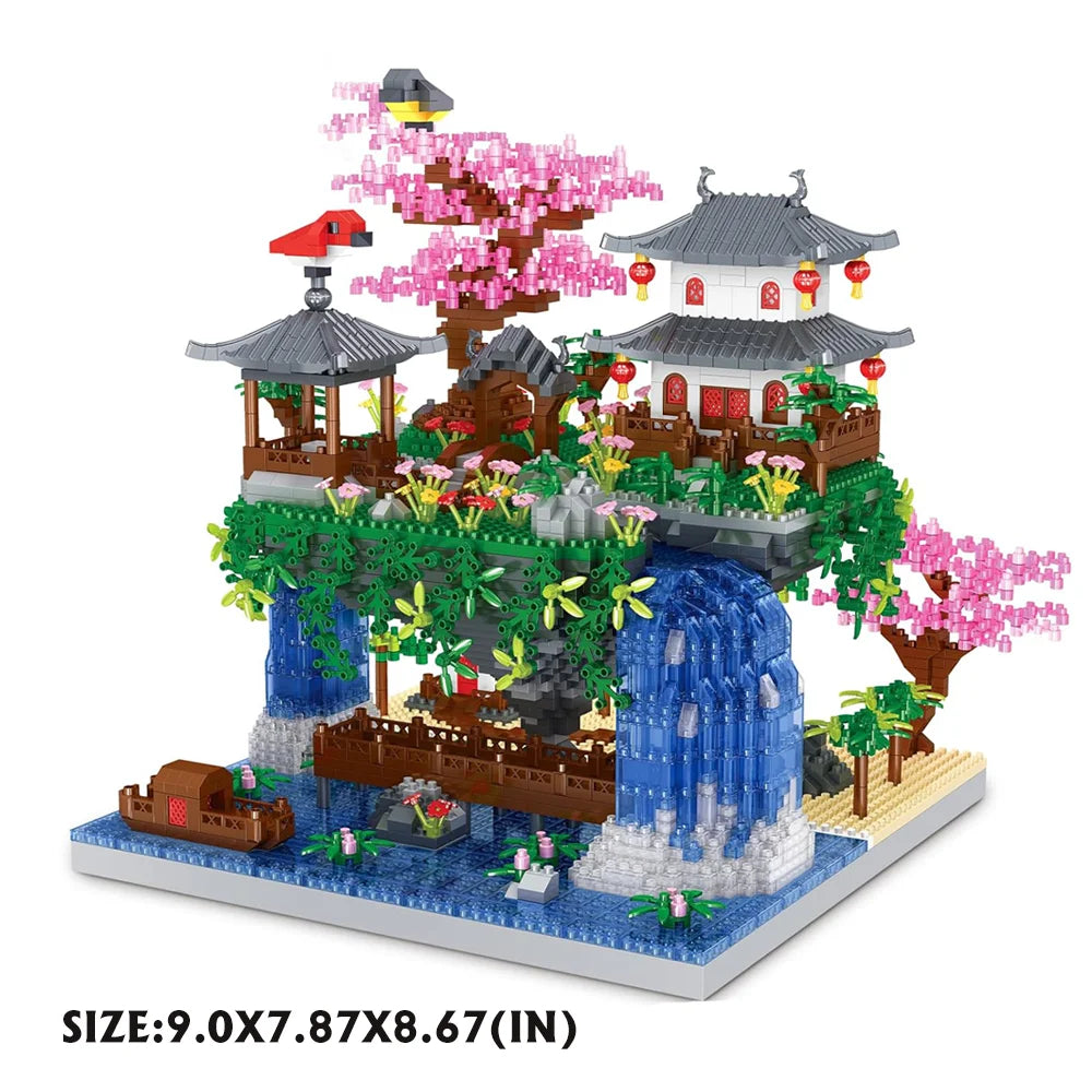 Chinese Architecture Peach Blossom Pond Mini Building Block Set Sakura Bonsai Japanese Sakura House Lantern Gift Toy