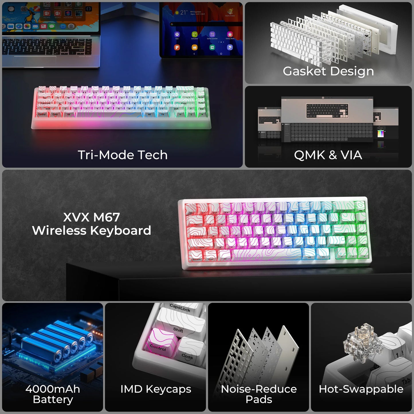 XVX M67 JadeStone 65% Tri-Mode Mechanical Keyboard | Hot-Swappable | IMD Keycaps | RGB Backlight | Gasket Mount