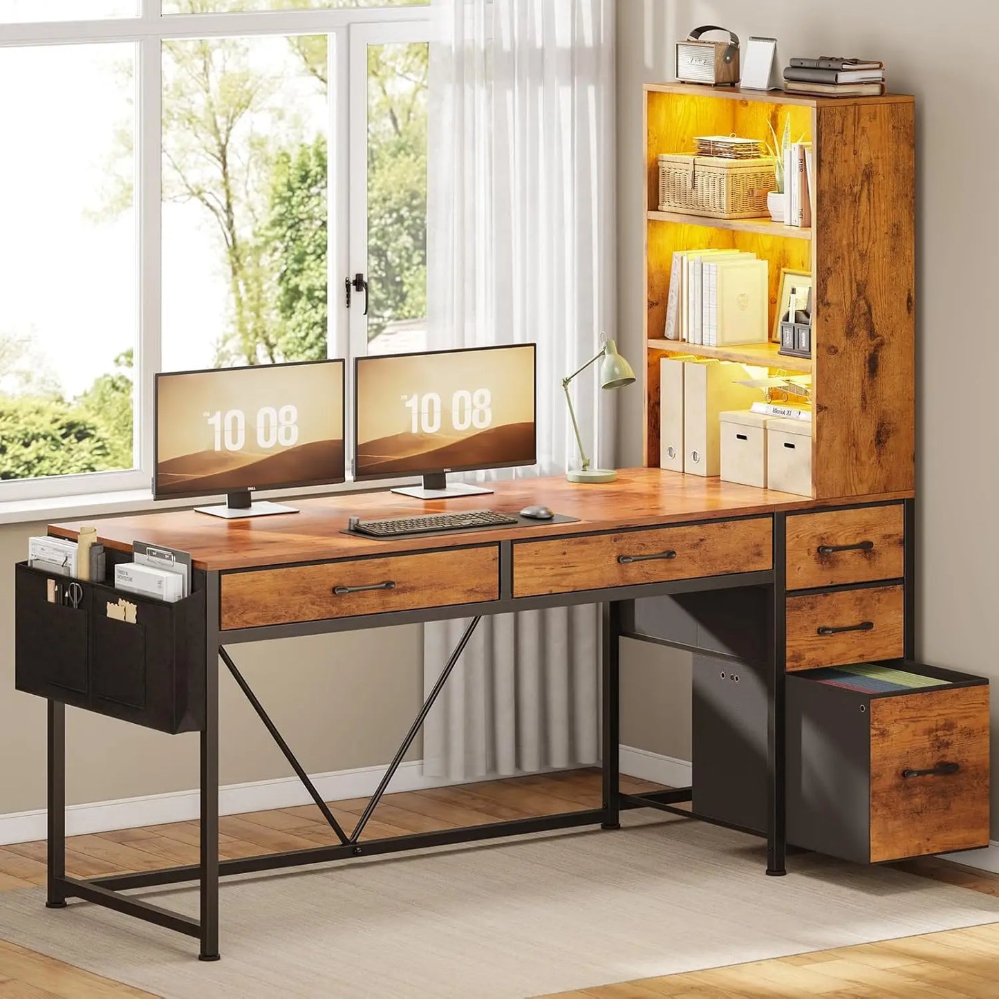 Computer Desk with 5 Drawers and Bookshelf, Reversible Home Office Desk with Storage Shelves and File Drawer, Gaming Corner