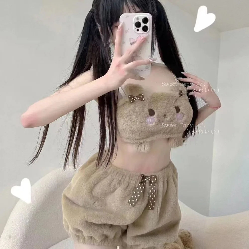 Sanrio Kuromi My Melody Cinnamoroll Fluffy Suspender Pajamas – Cozy Flannel Shorts Set for Girls