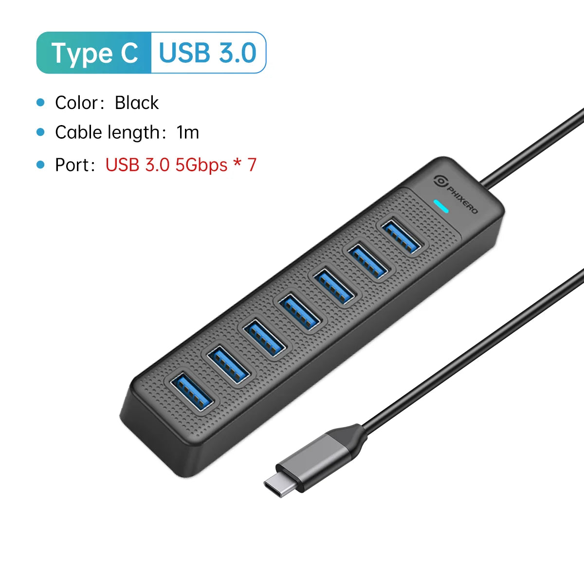 PHIXERO 7 in 1 USB C HUB 3.0 Type C 7 Port Multi Splitter Adapter OTG USB Power Adapter for Macbook Pro 13 Air Mi Pro PC Laptop