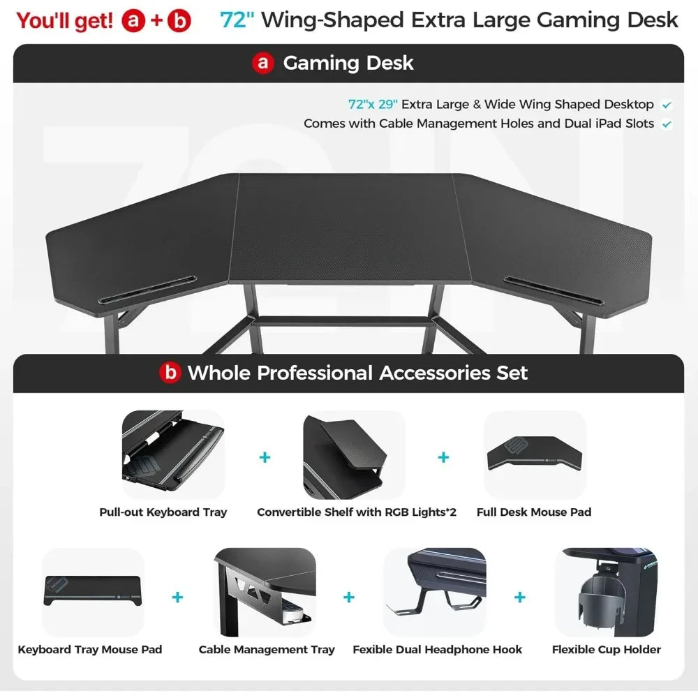 Aero 72" LED Wing‑Shaped Gaming Desk – RGB Studio Setup