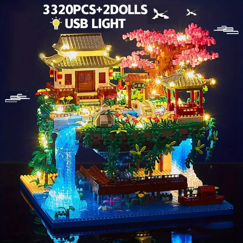 3320 Pcs Tree House Mini Diamond Block Particle Peach Blossom Pool Traditional With Light Chinese Architecture Building Blocks