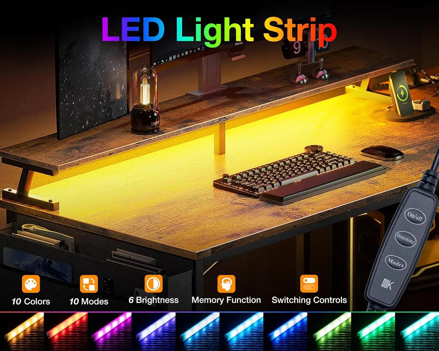 48 Inch Gaming Desk with USB Charging Ports and LED Lights,Reversible L Shaped Computer Desk with Storage Shelves Monitor Stand