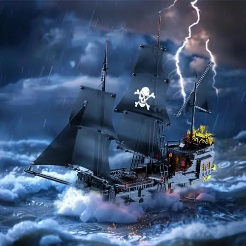 1424PCS Black Pirate Ship Building Blocks Skeleton Ghost Boat Model Desktop Decoration Educational DIY Toy Holiday Gift for Kids