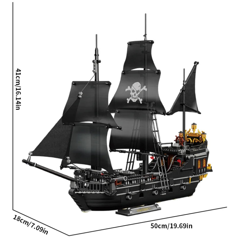 1424PCS Black Pirate Ship Building Blocks Skeleton Ghost Boat Model Desktop Decoration Educational DIY Toy Holiday Gift for Kids