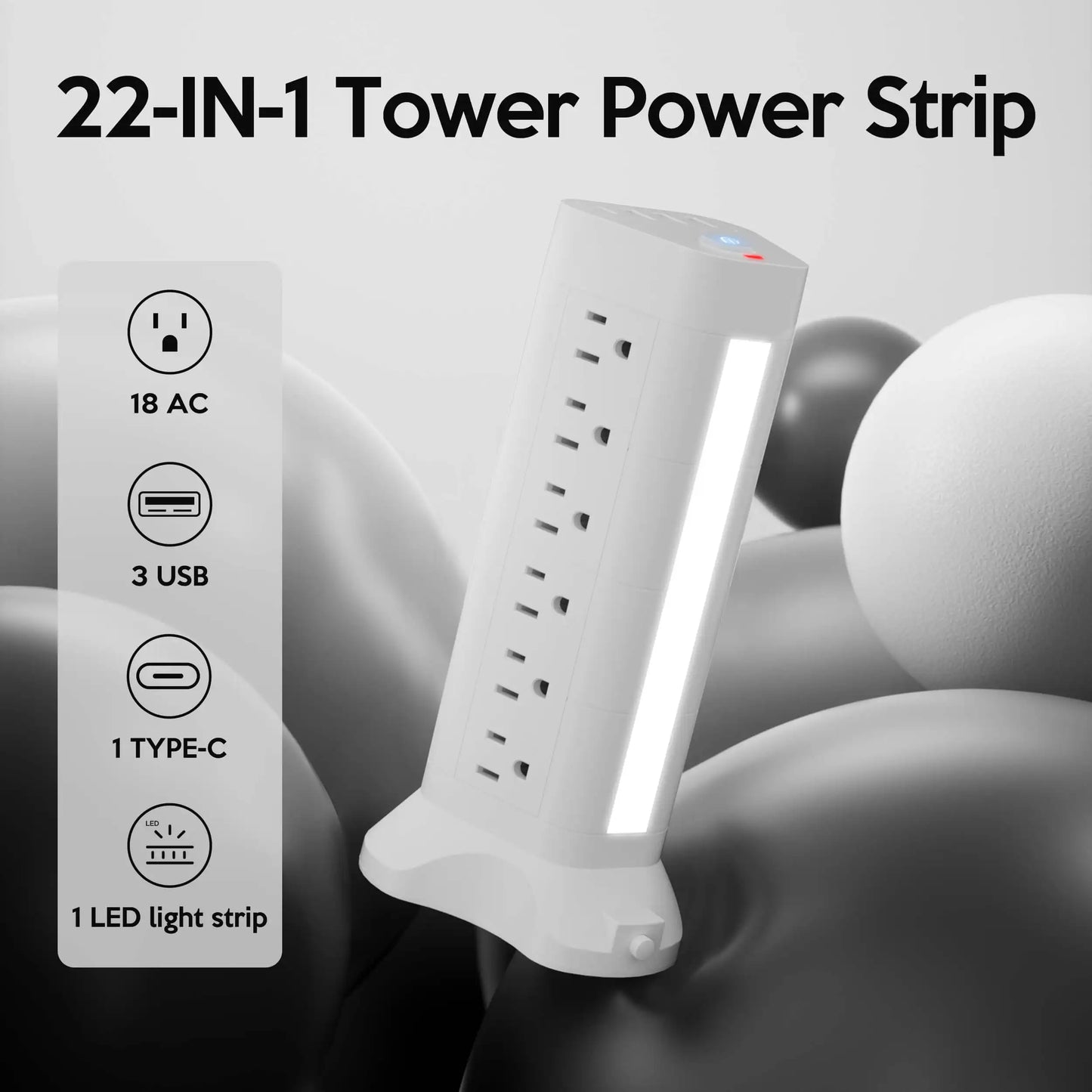 22-in-1 Power Tower with USB-C & Tri-Color Lamp | Surge Protected