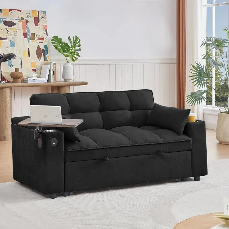 home.65'' 3-in-1 Folding Convertible Sofa Bed, Pullout Sofa, Modern Chenille Fabric, 360° Swivel Side Table, Easy Assembly, Perf