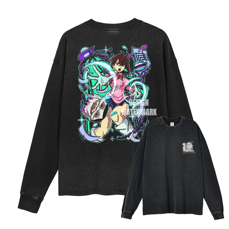 Dandadan Vintage Washed Sweater - Oversized Ayase Momo Long Sleeve T-Shirt