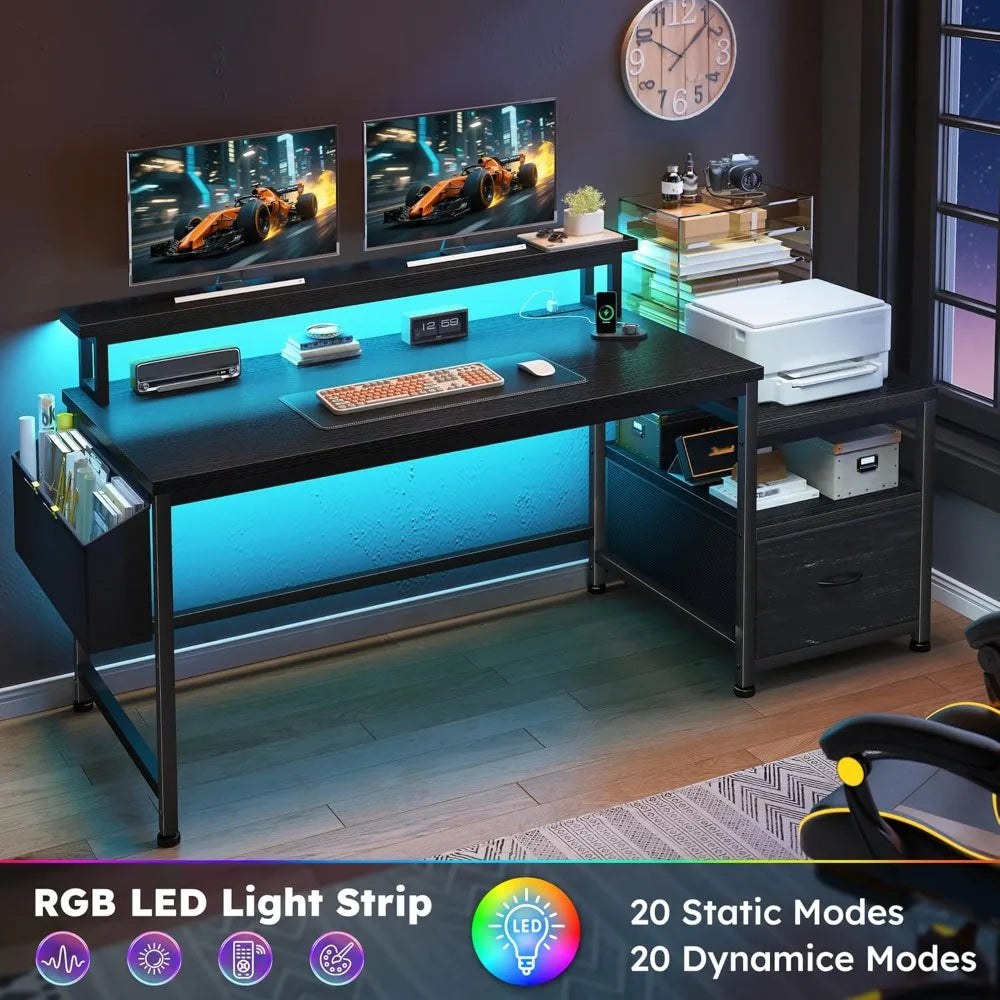 Computer Desk with Power Outlets and LED Lights,57 Home Office Desks with Drawers and Printer SpaceOffice Desk with File Drawers