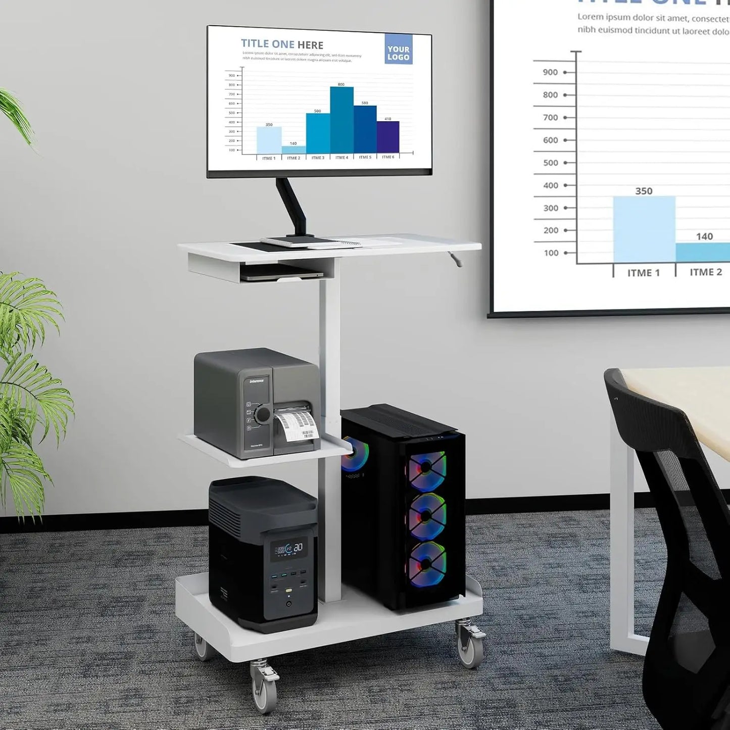 Mobile Workstation Cart with Monitor Mount,Height Adjustable Rolling Computer Cart, Heavy-Duty Rolling Standing Desk