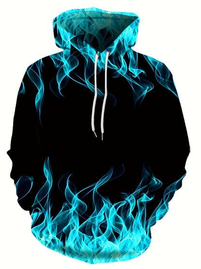 Flame Print Hoodie - Soft Slight Stretch Polyester Pullover with Kangaroo Pocket and Long Sleeves - Casual Graphic Design Streetwear for Men and Gift Idea for Winter and Fall