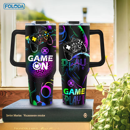 Foloda 40oz Gamers Delight Tumbler Mug - Unique Design for Men & Boys, Stainless Steel with Handle, Lid & Straw, Perfect Outdoor, Camping & Travel Accessory, Unforgettable Birthday or Christmas Gift for Game Lovers - Rexpect Nerd