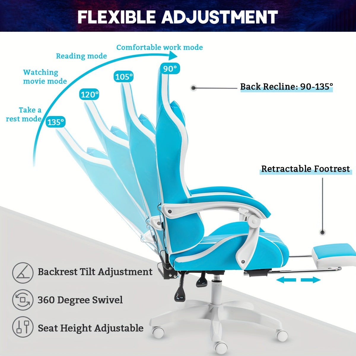 Supreme RGB LED Gaming Chair with Built-in Massage - High-Back Ergonomic Computer Chair for Gamers, featuring Reclining Footrest, Adjustable Lumbar Support, and Synchronized Linkage Armrest - Rexpect Nerd