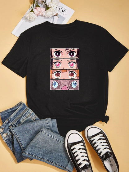 Anime Print Short Sleeve Solid T-Shirt, Crew Neck Casual Every Day Top For Spring & Summer, Women's Clothing - Rexpect Nerd