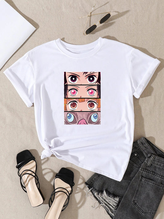 Anime Print Short Sleeve Solid T-Shirt, Crew Neck Casual Every Day Top For Spring & Summer, Women's Clothing - Rexpect Nerd