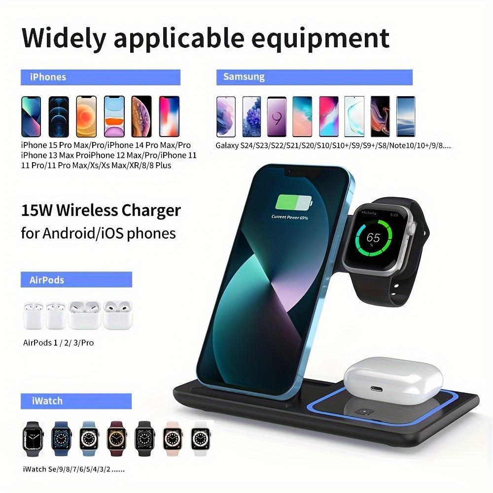 Wireless Charger, 3-in-1 Wireless Charging Station, Fast Wireless Charger Holder Suitable For iPhone 15 14 13 12 11 Pro Max XR XS 8 Plus, Suitable For Apple Watch 9 8 7 6 5 4 3 2 SE, Suitable For AirPods Pro 3 2 - Rexpect Nerd