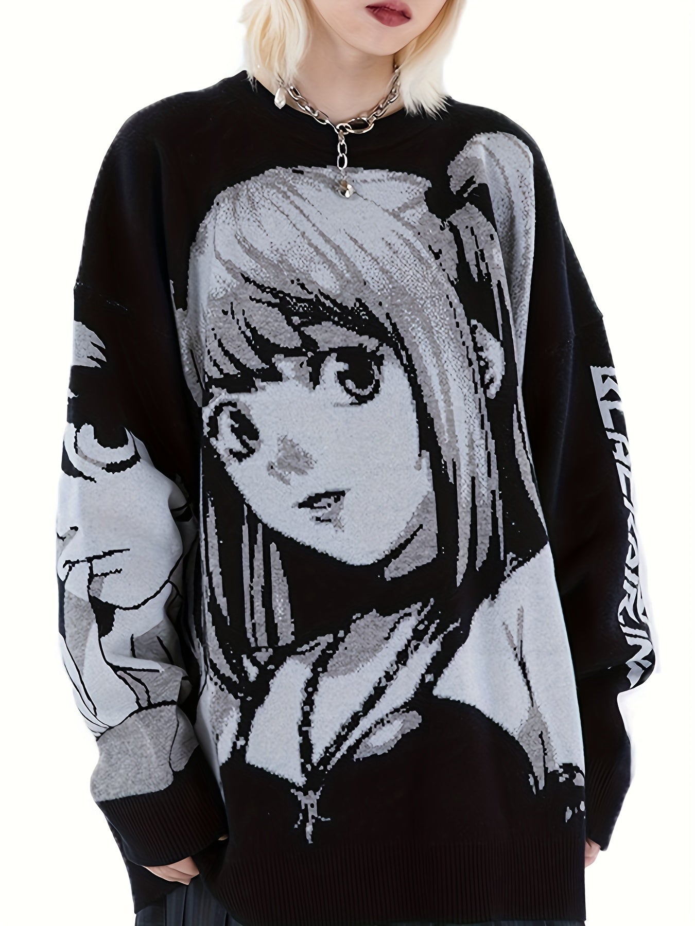 Anime Graphic & Letter Print Pullover Sweater, Cute Long Sleeve Crew Neck Sweater, Women's Clothing - Rexpect Nerd