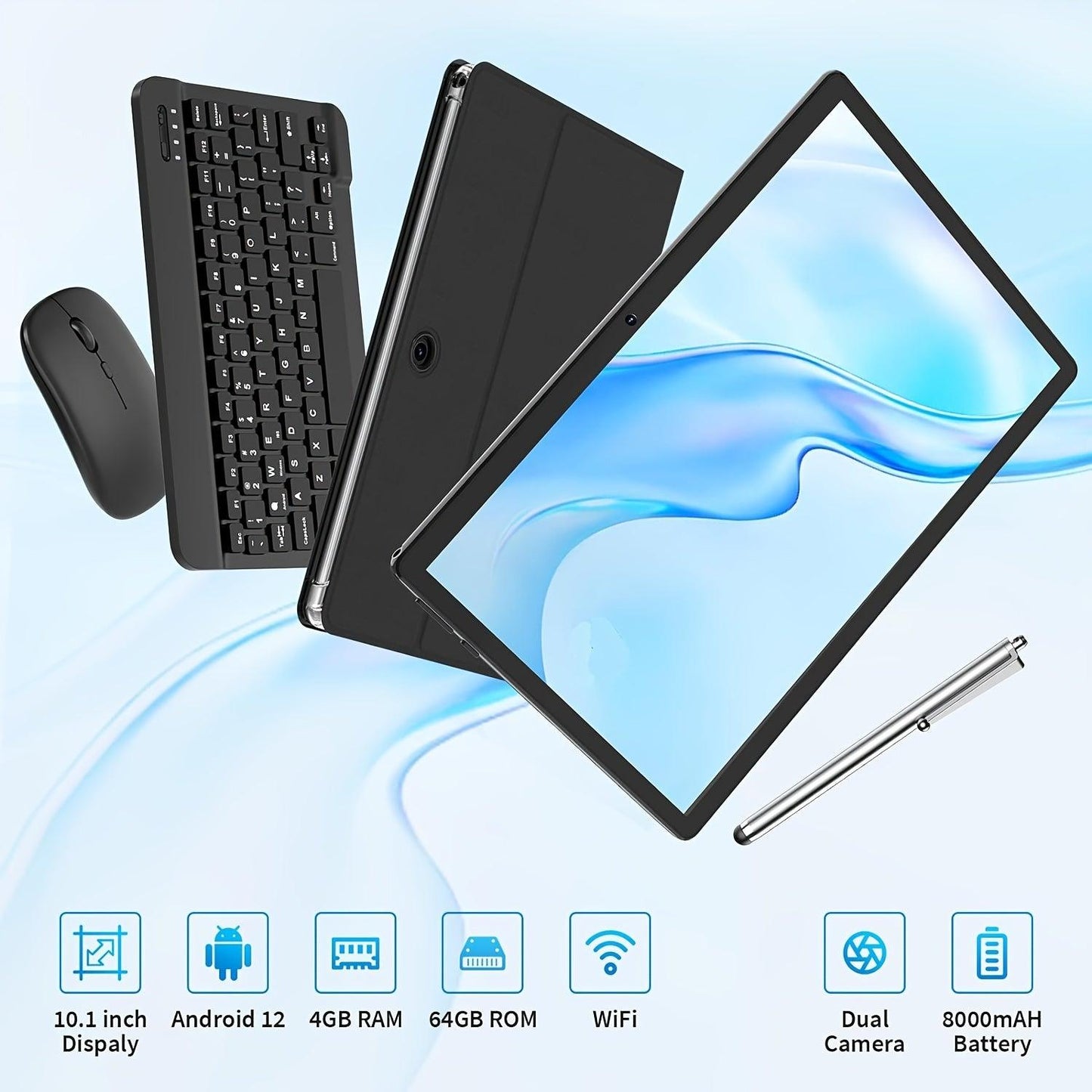 Android Tablet, 10 Inch Android 12 Tablet, 2 In 1 Tablet With Keyboard, Mouse, Case, Stylus, 4GB RAM 64GB ROM 1TB Expand, WiFi, Wireless, 8000mAh Battery, GMS Certified - Rexpect Nerd